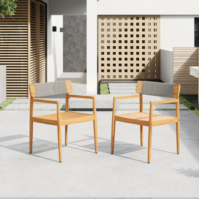 Acacia Wood Outdoor Dining Table and Chairs with Armrests Set of 2