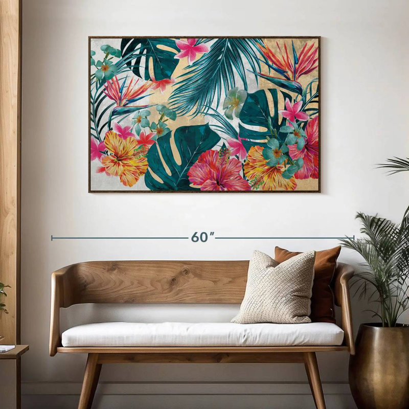 Flore tropicale, 46 po x 31 po, Cadre flottant en noyer
