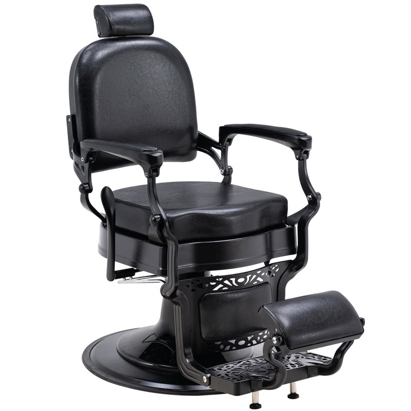 Heavy Duty Hydraulic Barber Salon Reclining Chair, All Black Genuine Leather