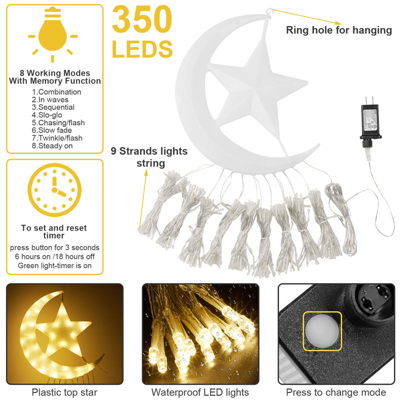 350Leds Waterfall Christmas Tree String Lights With Moon Star Topper, Yellow