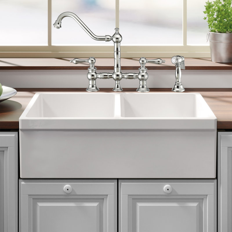 Whitehaus 33" Reversible Double Bowl Fireclay Kitchen Sink: 2-1/2" Lip, 2" Lip Front Apron, White