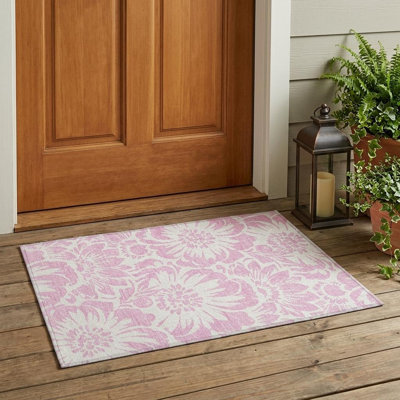 2' X 3' Pink and Ivory Floral Washable Non Skid Indoor Outdoor Area Rug