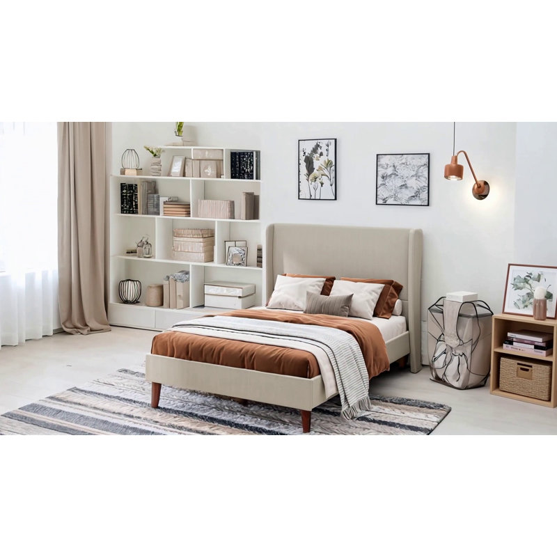 Lit tapissier à tête haute, lit plateforme avec support à 12 lattes, Beige, Grand lit
