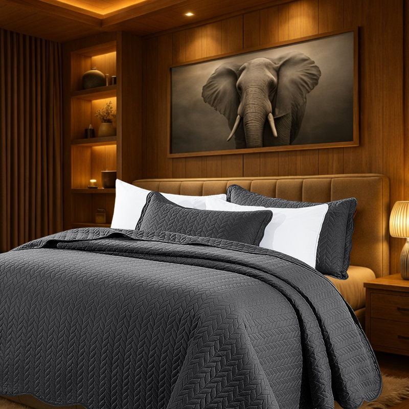 Microfiber Embossed Oversized Bedspread Set With Shams – Modern & Contemporary, Machine Washable, Dust-Resistant, Gray