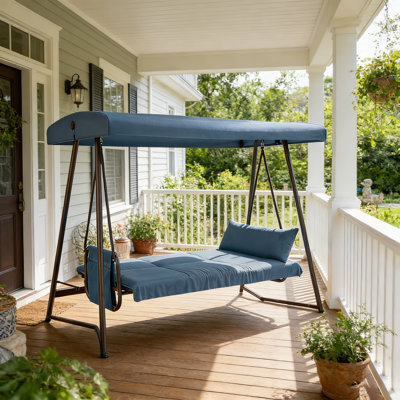Balancelle d'extérieur convertible 2 en 1 avec auvent réglable, balancelle à 3 places avec support, structure en métal robuste pouvant supporter 600 lb, coussins amovibles