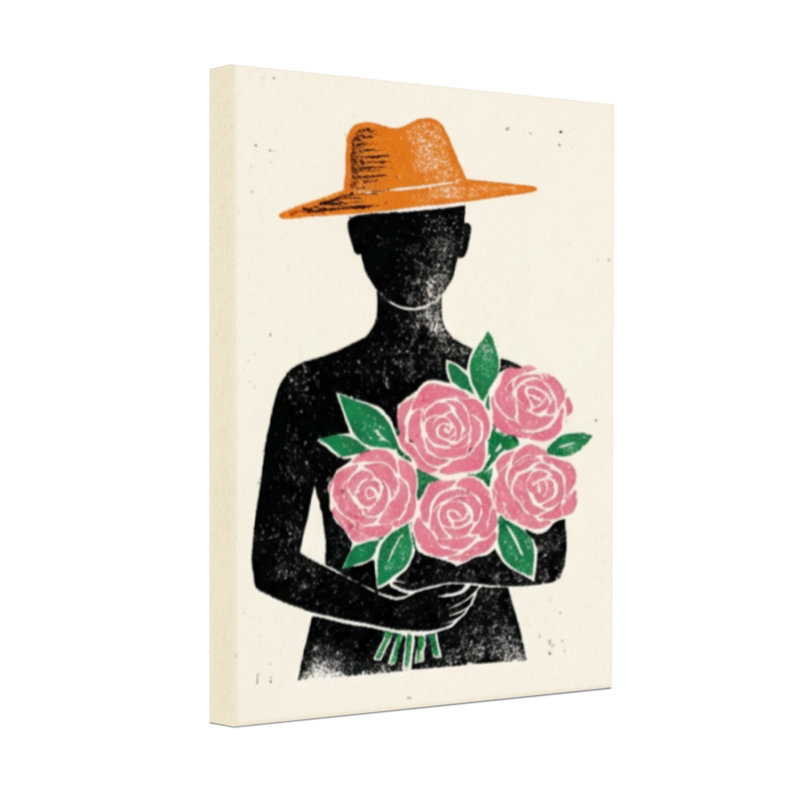 Silhouette de plantes et de fleurs avec un chapeau tenant des roses, H 30 po x l 20 po