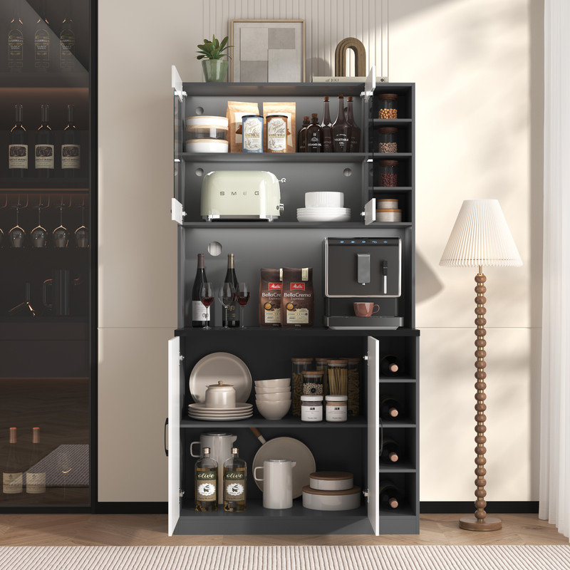 Wooden tall kitchen cabinets with LED ambient lighting, pantry cabinets with space for a microwave, height-adjustable shelves