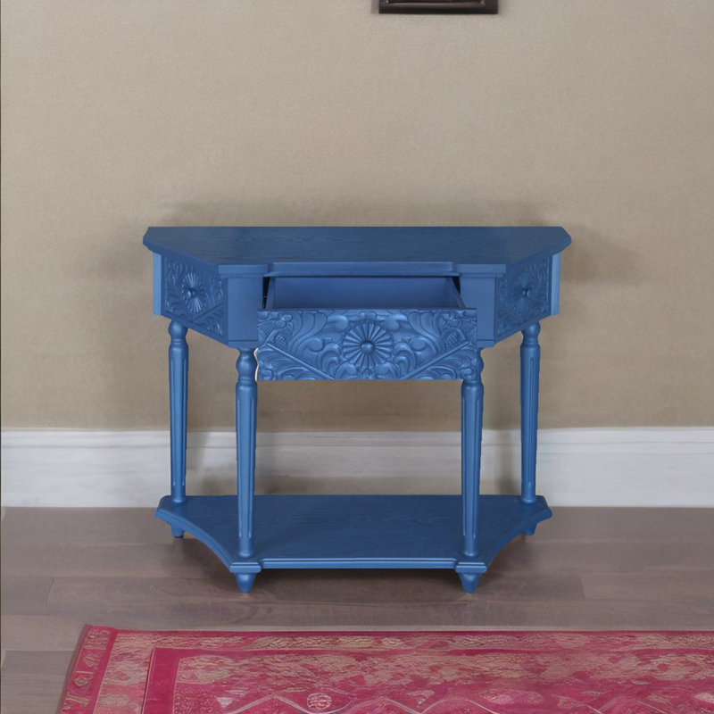 Carved 1 Drawer Side Table, Blue