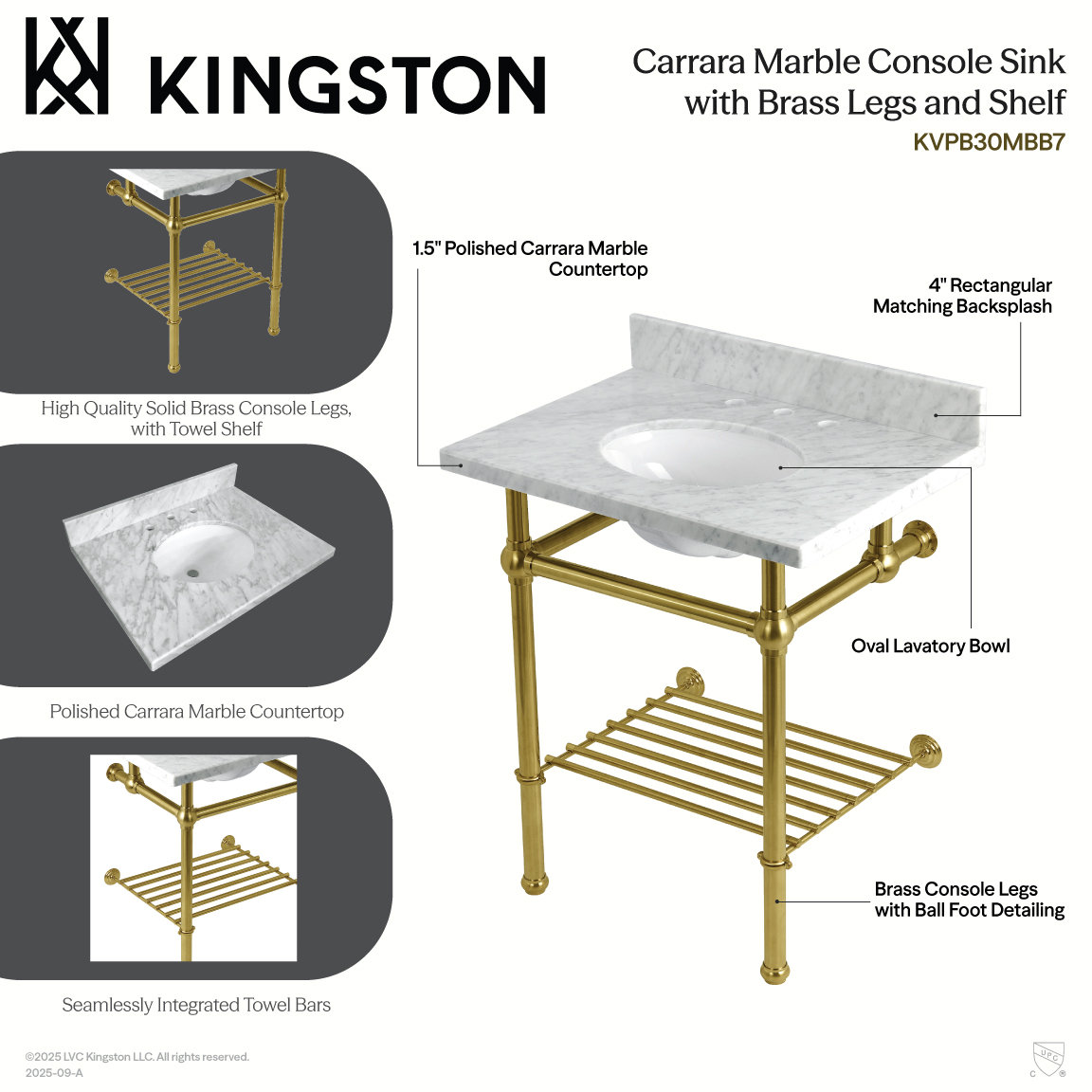 Templeton 30" Marble Console Sink, Carrara Marble/Brushed Nickel