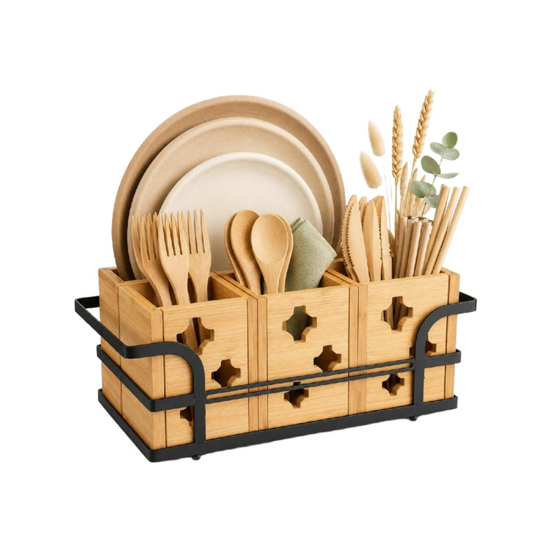 Adjustable Bamboo Silverware Caddy with Paper Plate Holder