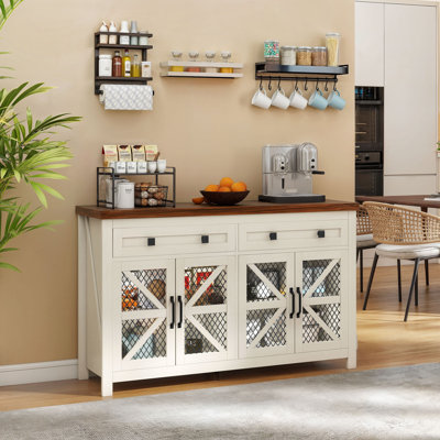 Gracie Oaks 55â Farmhouse Buffet Cabinet With Storage, Sideboard Cabinet With 4 Doors & 2 Dwarers, Coffee Bar For Kitchen, Dining Room, Hallway -  B943991192144B1E9CA76B0B9C323C21