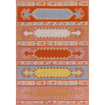Tapis oriental orange / bleu / jaune tissé à la main Oriental