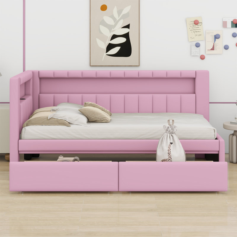 Lit plateforme tapissier avec ports USB et ceinture à DEL, avec 2 tiroirs, Rose