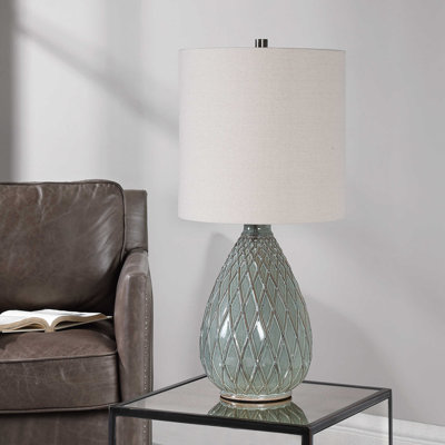  Lampe de table en céramique - Base rouille et glacis turquoise avec motif texturé, accents nickel brossé et abat-jour tambour en lin beige pour le salon H 28 po