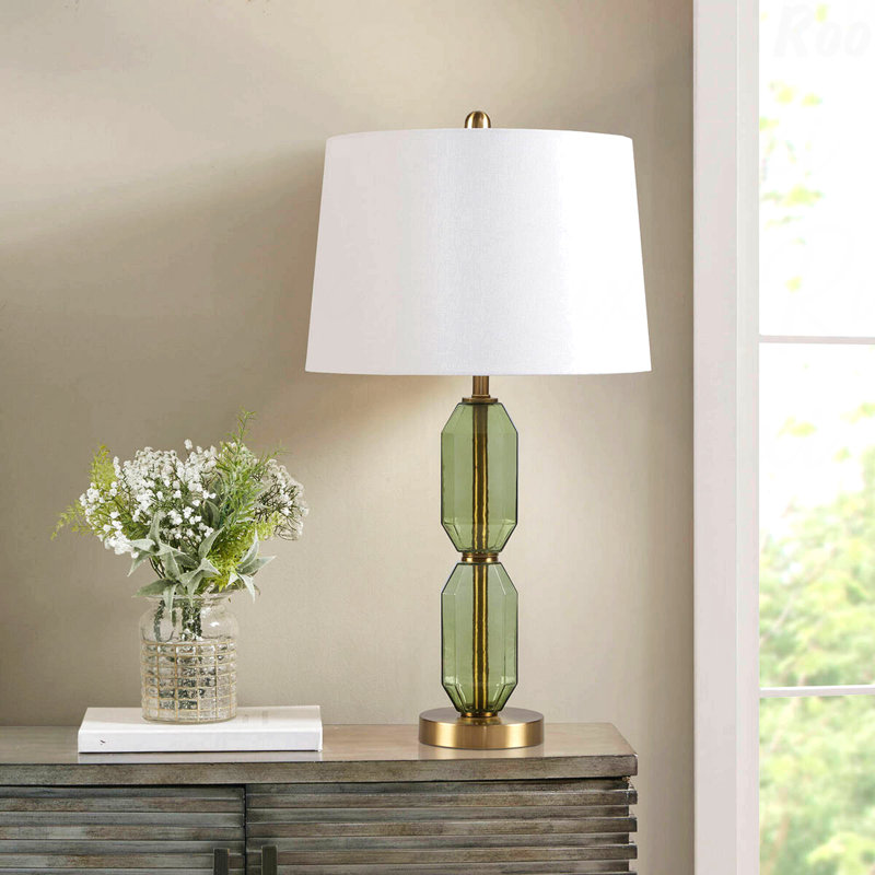Table Lamp - Modern Faceted Green Glass Table Lamp with White Fabric Shade