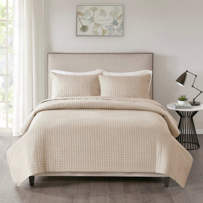 Courtepointe kaki double / grand réversible 3 pièces - Qualité, carreaux carrés, matériau lavable à la machine, rembourrage d'allergènes, embellissement, tissu