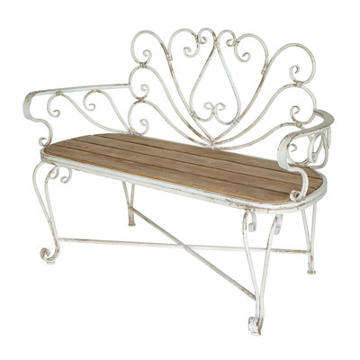 49x19x36" Distressed White Iron Bench With Brown Wooden Seat And Scrollwork Heart Design