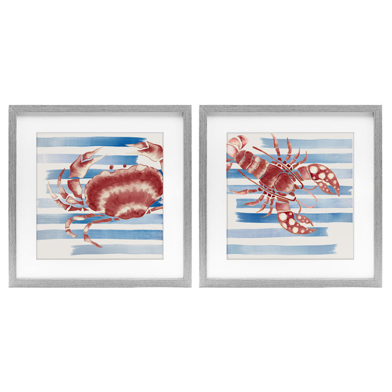 Ensemble de 2 reproductions sous-marines à rayures, créatures de la mer par Eli Jones, H 13 po x l 13 po, Cadre de ferme gris