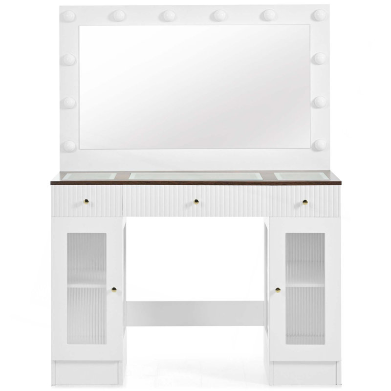 Grande coiffeuse de 43,3 po, coiffeuse avec grand miroir et lumières 3 couleurs, coiffeuse à maquillage en verre avec armoires RVB et prise de courant pour la chambre à coucher, blanc