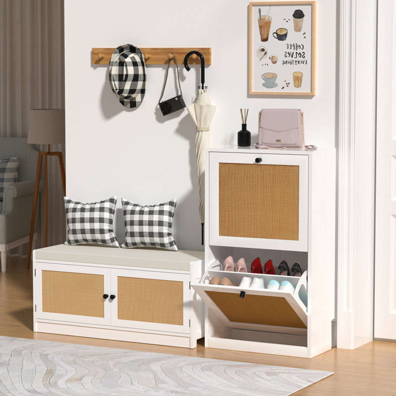 2-Tiers Rattan Shoes Cabinet with Flip-Drawers and Adjustable Shelves