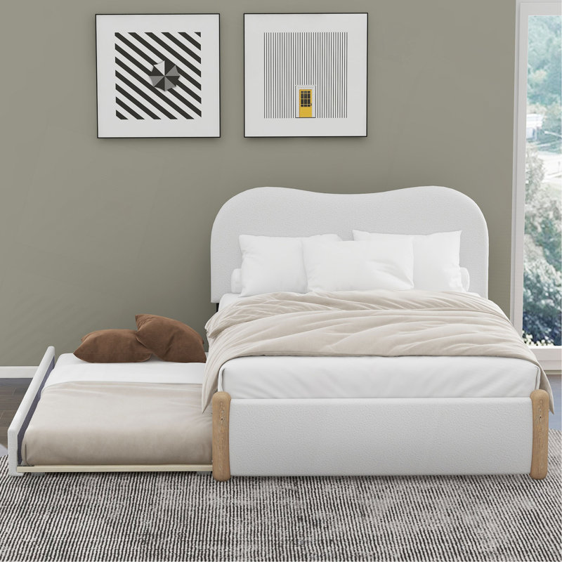 Lit plateforme tapissier avec pieds de support en bois et lit gigogne simple, Lit simple