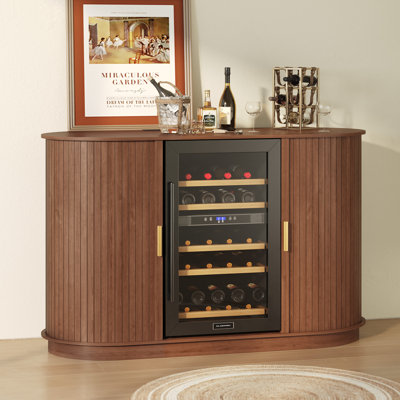 Modern Curved Fluted Sliding Door Bar Cabinet  With Table Power Outlet & Refrigerator Storage Space, Wine Cabinet With Wine Glass Holder