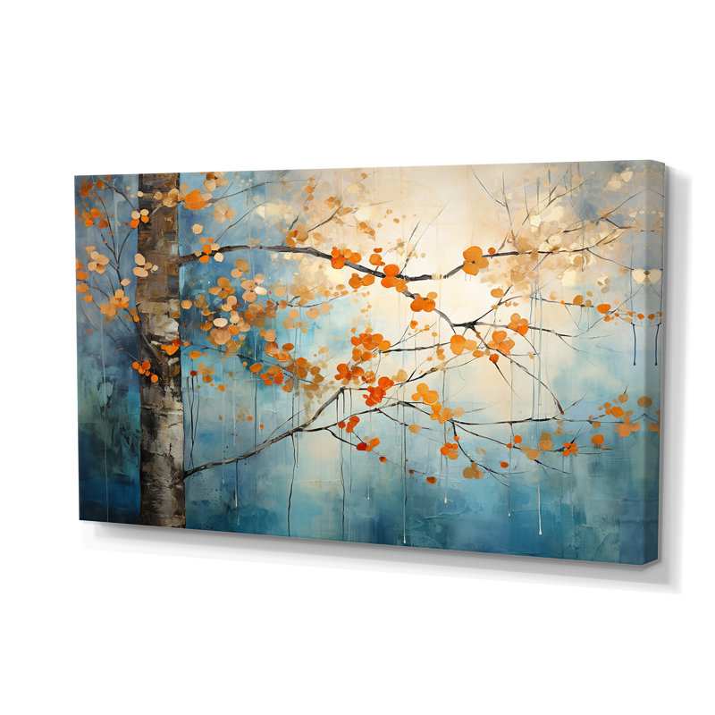 Orange, bleu sarcelle, érable, incandescent II - art floral sur toile