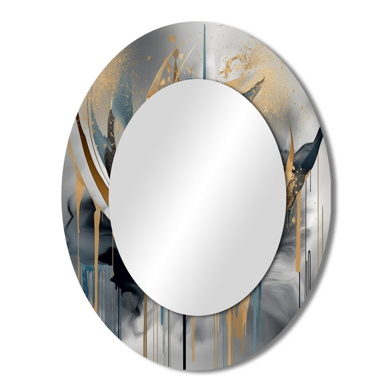 Abstract Shapes And Infinity Lines III - Gold Oval Wall Mirror Decor, 43" x 33"