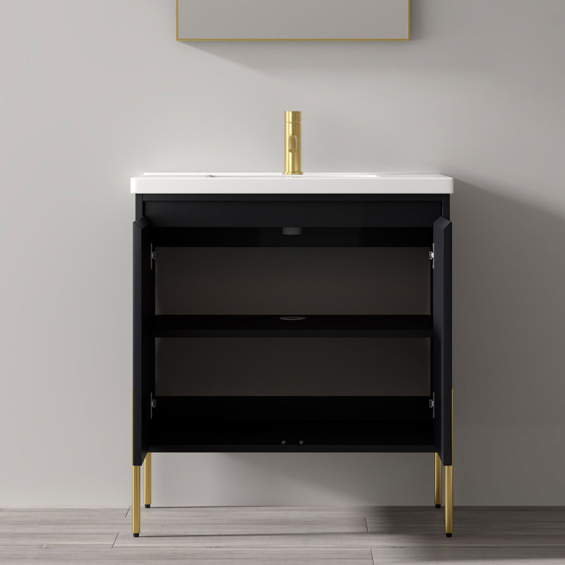 Leonhardine 30'' Single Bathroom Vanity with Ceramic Top, Gold, Charcoal