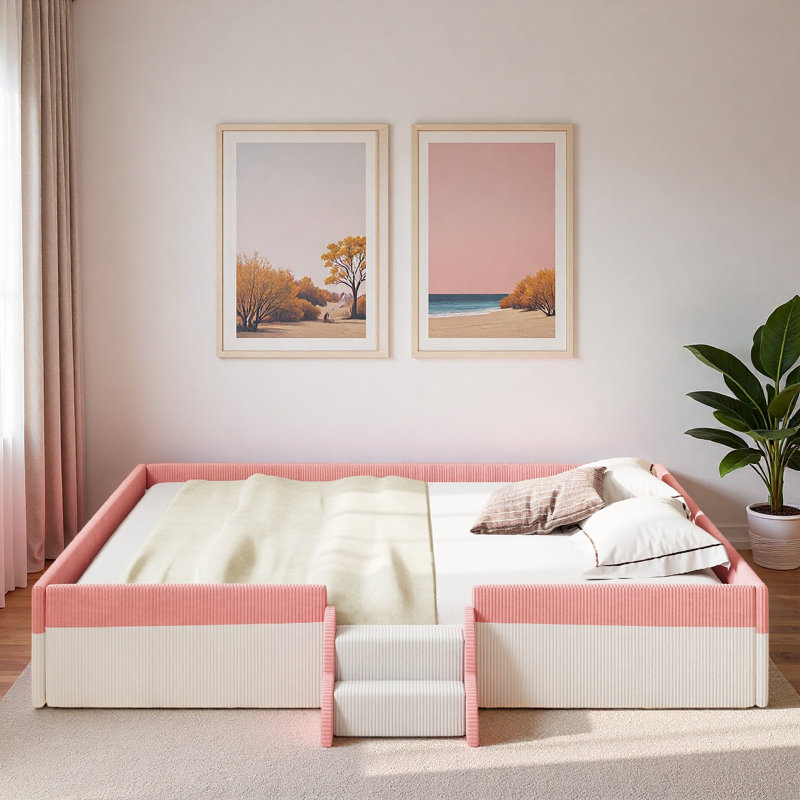 Lit rembourré pour enfant avec clôture, marches à 2 niveaux et bandes lumineuses à DEL, Twin, Pink