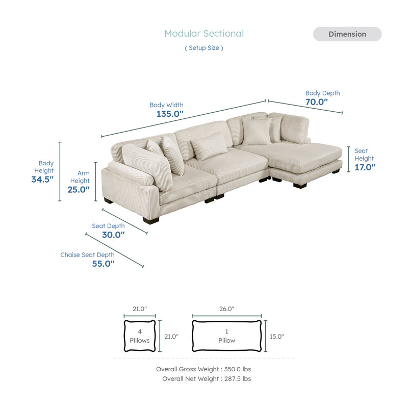 Hulett Square Arms Corduroy Modular Sectional with Chaise, Light Beige Corduroy, 34.5" H x 135" W x 70" D