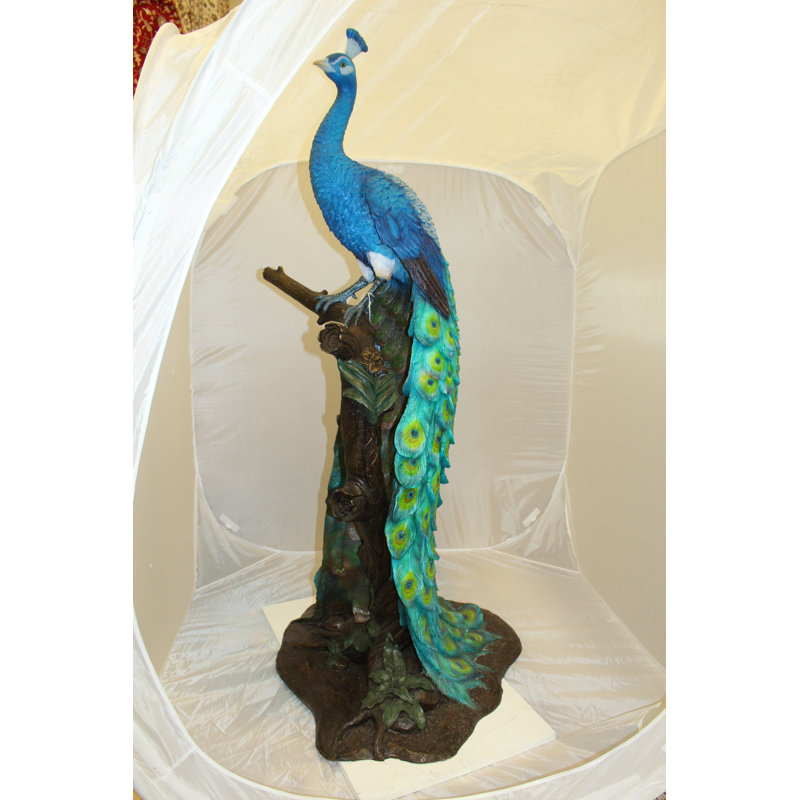 Peacock on Tree Bronze Statue -  Size: 31"L x 30"W x 64"H.