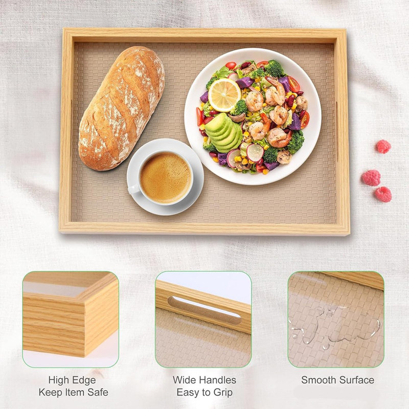 Rattan Rectangular Service Trays, Leather Surface Tray Food Drinks Tray,With Handles For Coffee Table, Breakfast, Dinner & Bar,Kitchen,Party