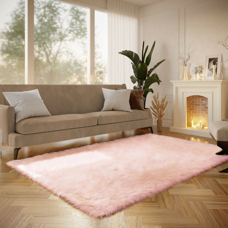 Haja Pink Fluffy Faux Sheepskin Fur Shag Area Rug, Rectangle 5' x 7'