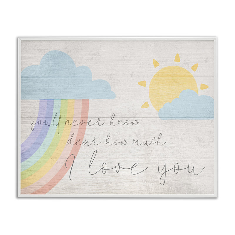 «How I I Love You», nuages arc-en-ciel et soleil sur planches, Giclée encadrée blanc bord de mer, H 30 po x l 24 po