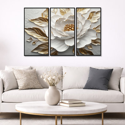 Ensemble de salon art mural pivoines blanches et dorées Bloom III