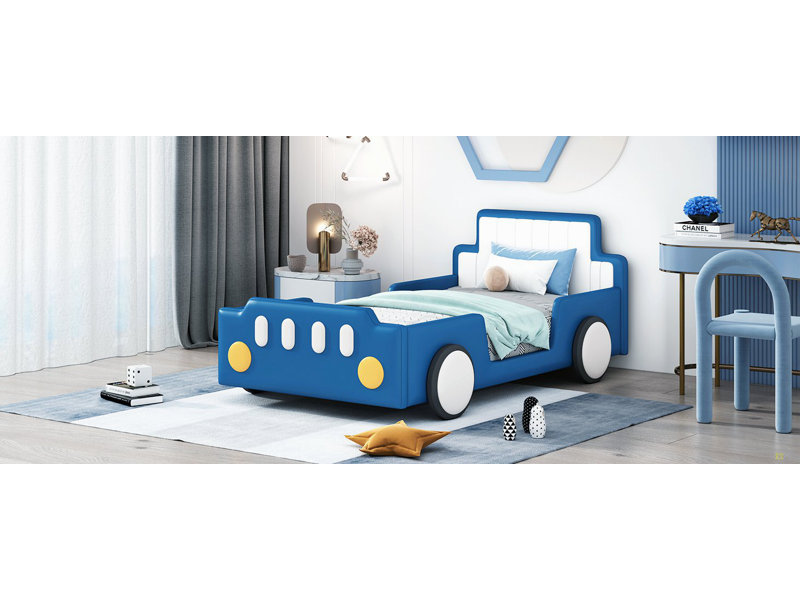 Twin Size Race Car-Shaped Platform Bed With Wheels, Blue