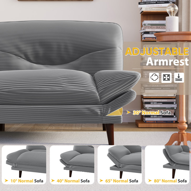 65” Futon multi-person sofa that can be converted into bed with adjustable back and ends, Gray Corduroy