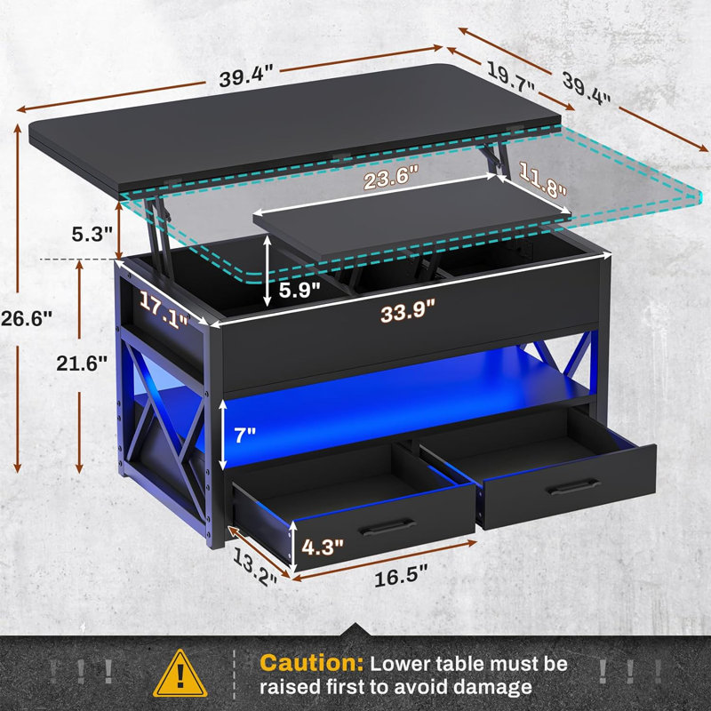  Themistocles Lift Top Coffee Table with Drawers RGB LED Lights Hidden Compartment, Black