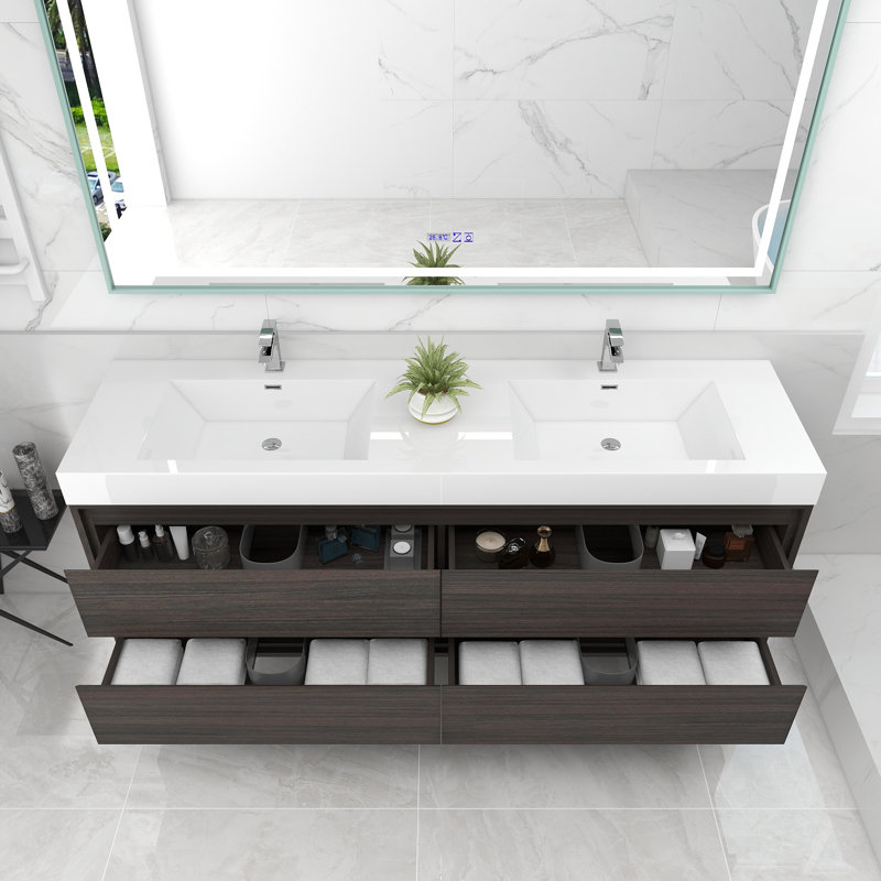 72'' Double Bathroom Vanity with Acrylic Top, Gray Oak