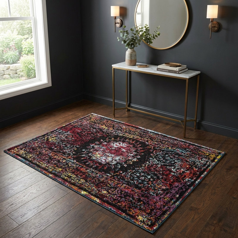Tapis Sarah Daijanay, Rouge / Bleu, Rectangle 4 pi 1 po x 6 pi 1 po