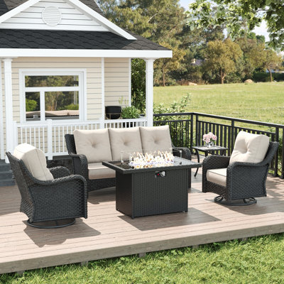 5 Piece Wicker Outdoor Furniture Set with 6-inch Comfy Cushions, High Back Patio Furniture Set with Swivel Rocking Chairs and Fire Pit Table by Lark Manor