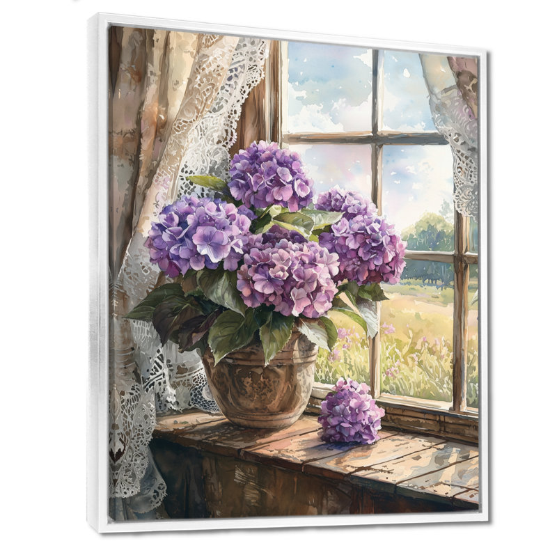«Hydrangeas By The Farmhouse Window I - Hydrangea», art mural encadré, H 44 po x l 34 po, Reproduction avec cadre flottant