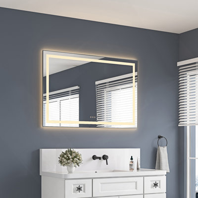 Miroir de salle de bain 48 po x 32 po à DEL avec façade et rétroéclairage, miroir de meuble-lavabo mural avec cadre en aluminium, antibuée, mémoire, 3 couleurs, gradation continue