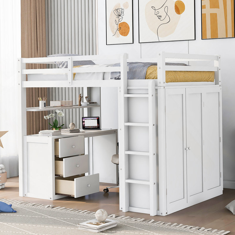 Lit mezzanine avec tiroirs, bureau et garde-robe, White