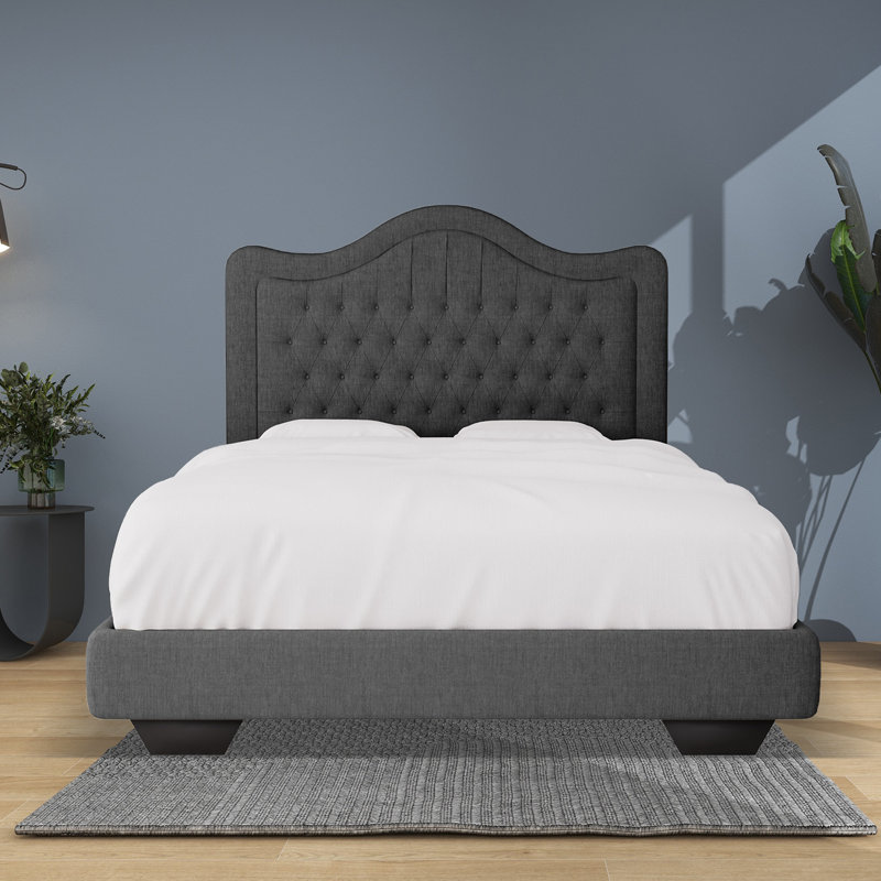 Structure de lit rembourrée en tissu avec tête de lit réglable, support à lattes de bois, lit plateforme capitonné, Noir