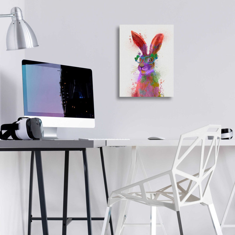 «Rainbow Splash Rabbit 2, Portrait» par Fab Funky, art mural en verre acrylique, H 16 po x l 12 po x P 0,13 po