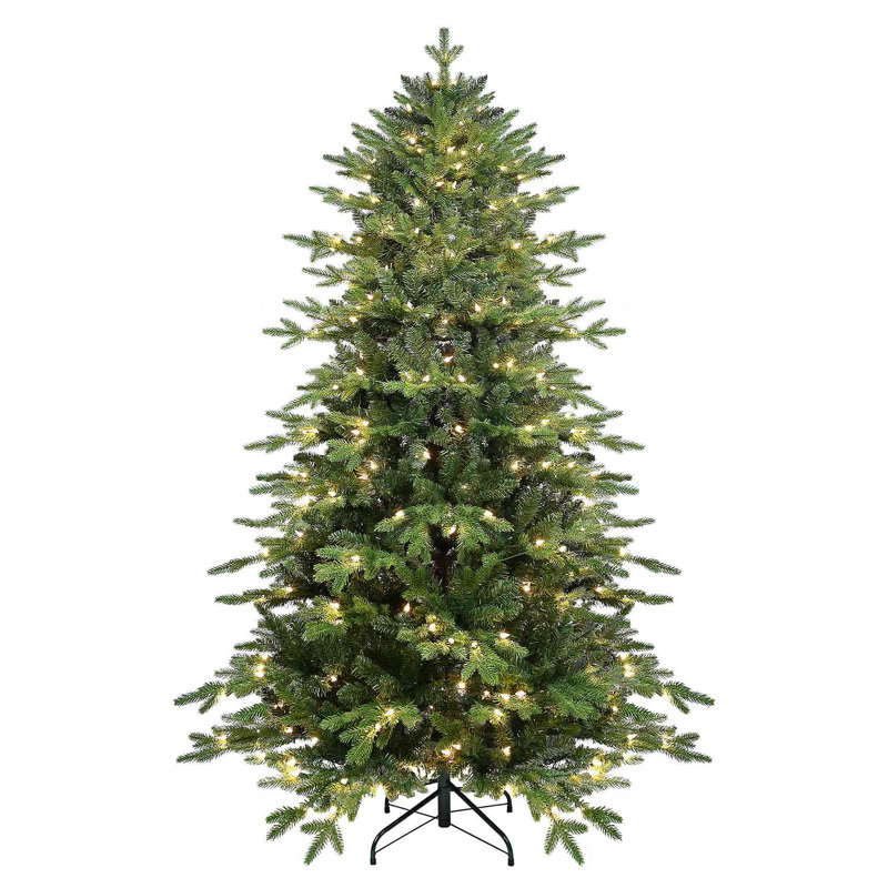 Arbre de Noël 7,5 pi en PVC + PE avec 450 lumières UL blanc chaud - 2856 pointes, branches articulées, aiguilles réalistes, support en métal robuste, assemblage facile