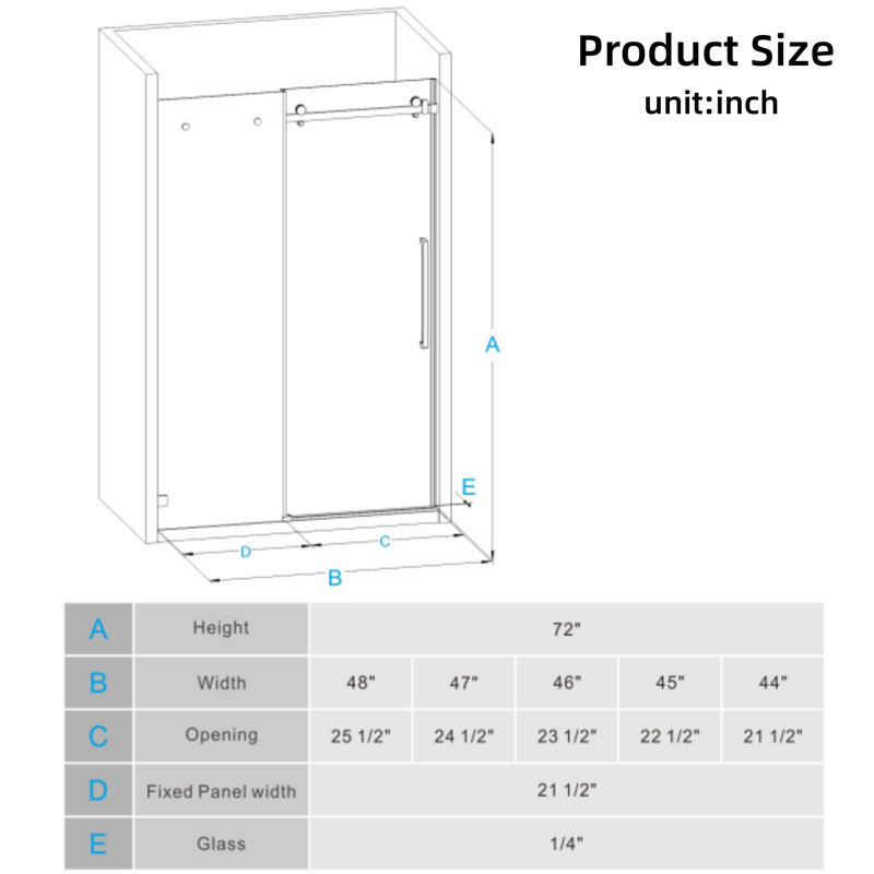 48-Inch Wide X 72-Inch Tall Sliding Shower Door, Frameless Smooth Glass Shower Door, 1/4-Inch Thick Tempered Clear Glass, Matte Black