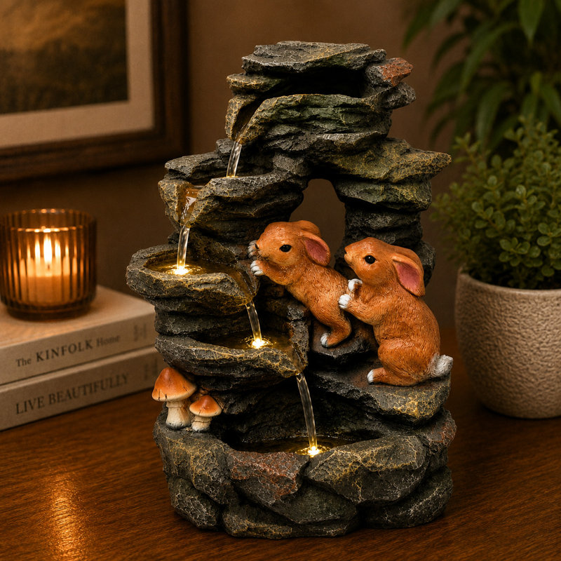 Fontaine décorative à cascade en bois avec cascade de lapins Woodland, 20 x 13 po